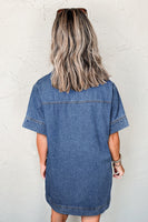 Blue Short Sleeve Collared Patched Pocket Denim Mini Dress