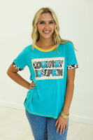 Country Bumpkin Patch Turquoise Ringer Tee: Turquoise