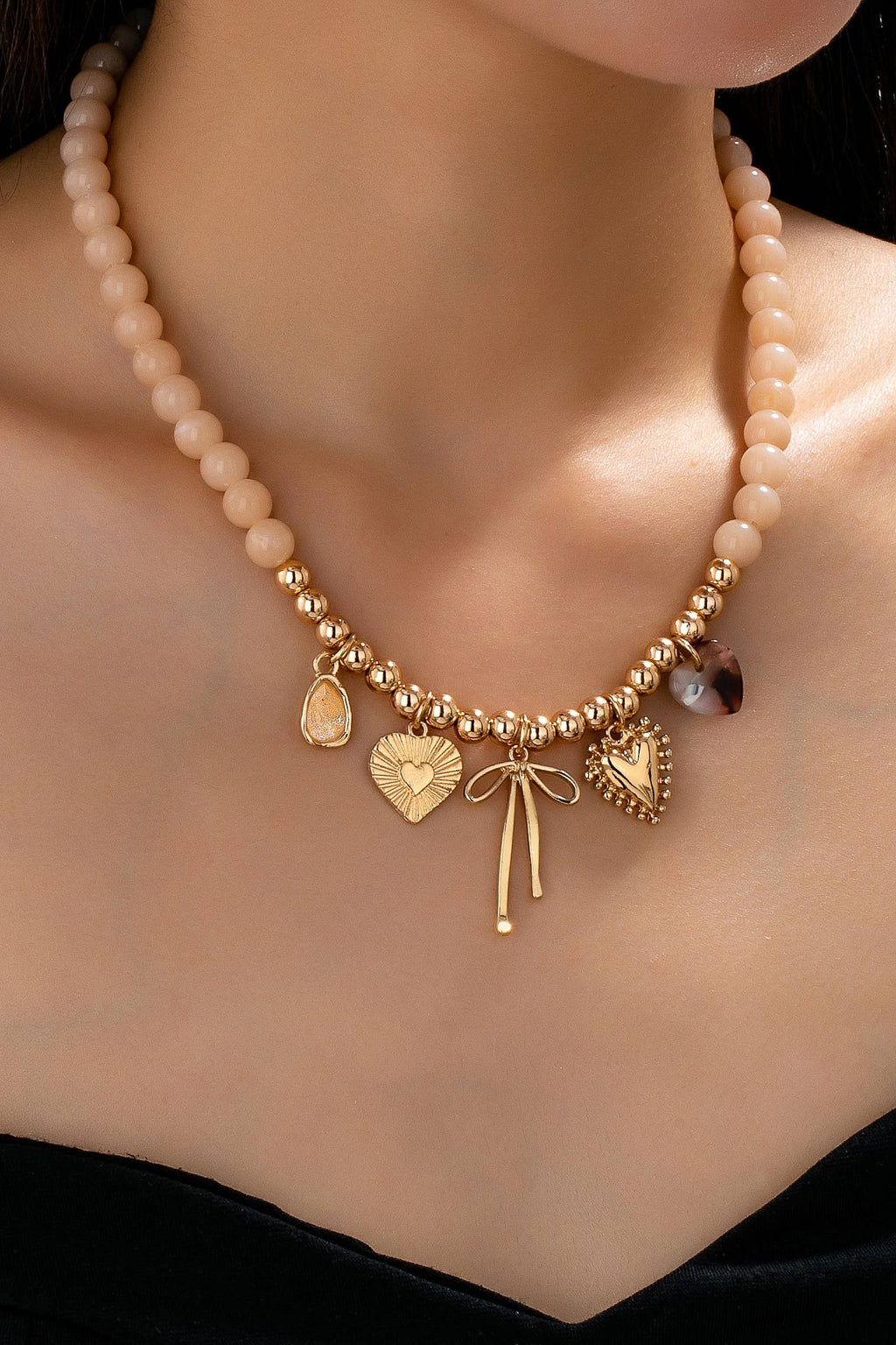Beige Beaded Bow Heart Rhinestone Charm Necklace | 80N92689: GOLD