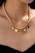 Beige Beaded Bow Heart Rhinestone Charm Necklace | 80N92689: GOLD