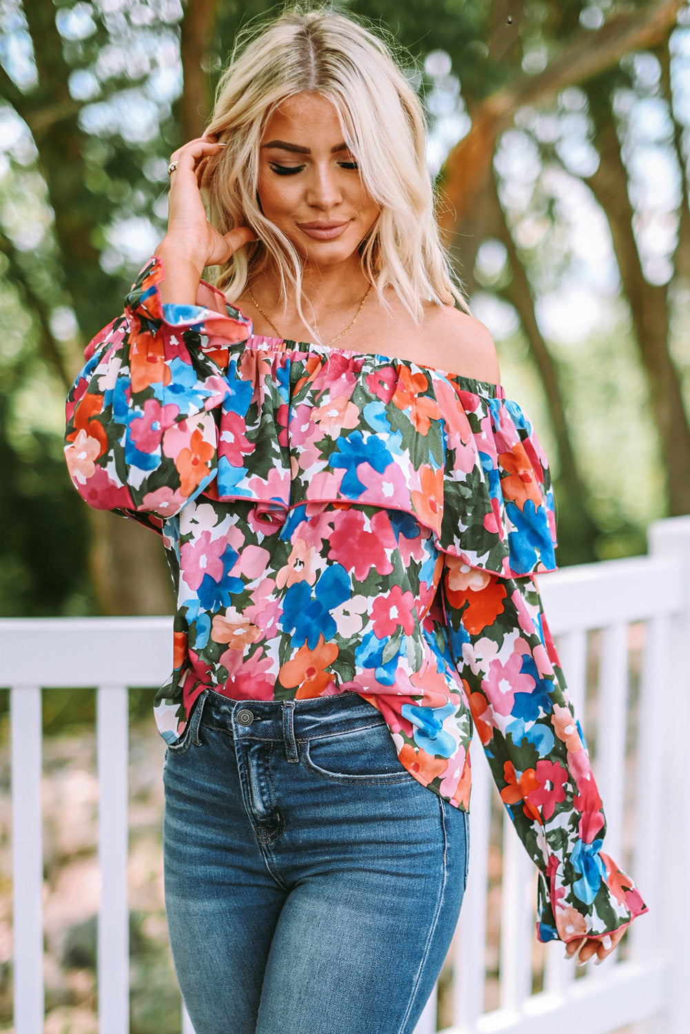 Bohemian Floral Ruffle Off Shoulder Blouse