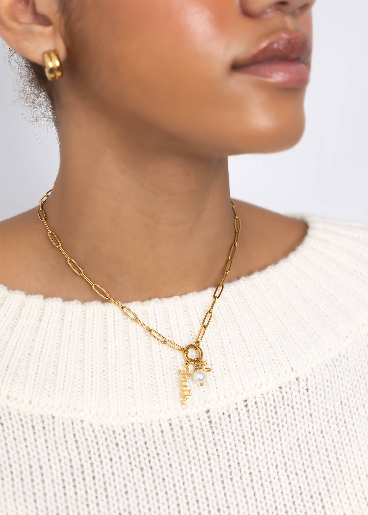 Gold Stainless Steel Faith Charm Holder Necklace Gift Set: Gold