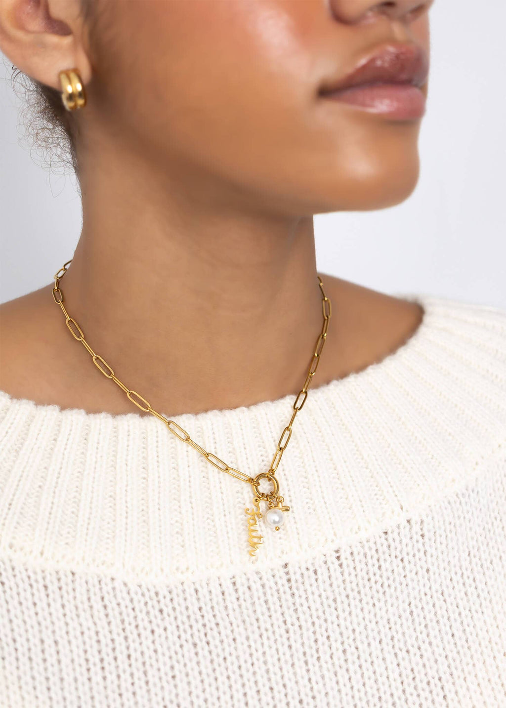 Gold Stainless Steel Faith Charm Holder Necklace Gift Set: Stainless