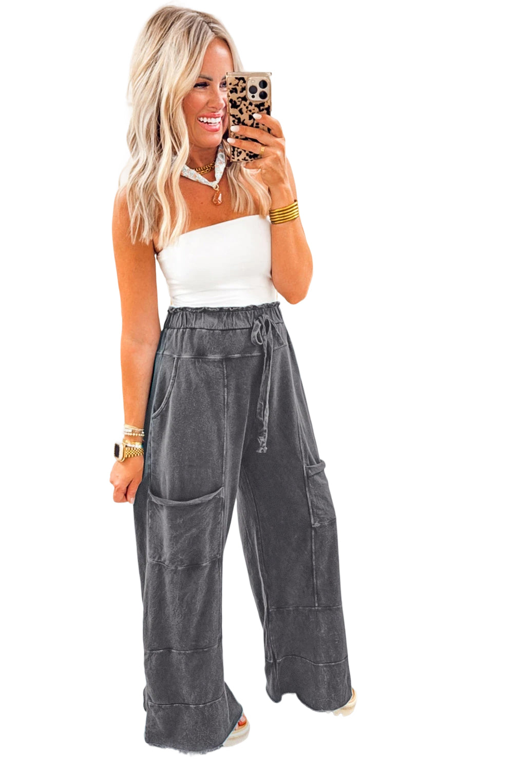 Medium Grey Mineral Wash Knot High Waist Raw Hem Pants