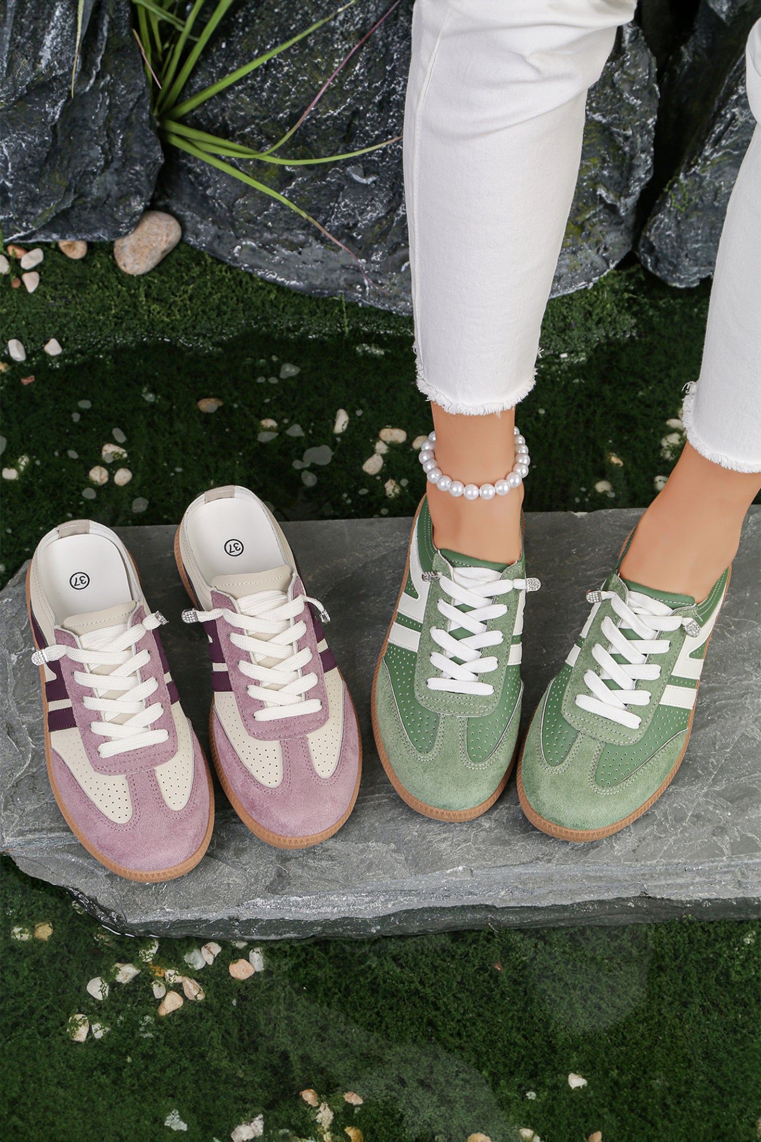 Pink Eyelet Patchwork Slip-on Sneakers