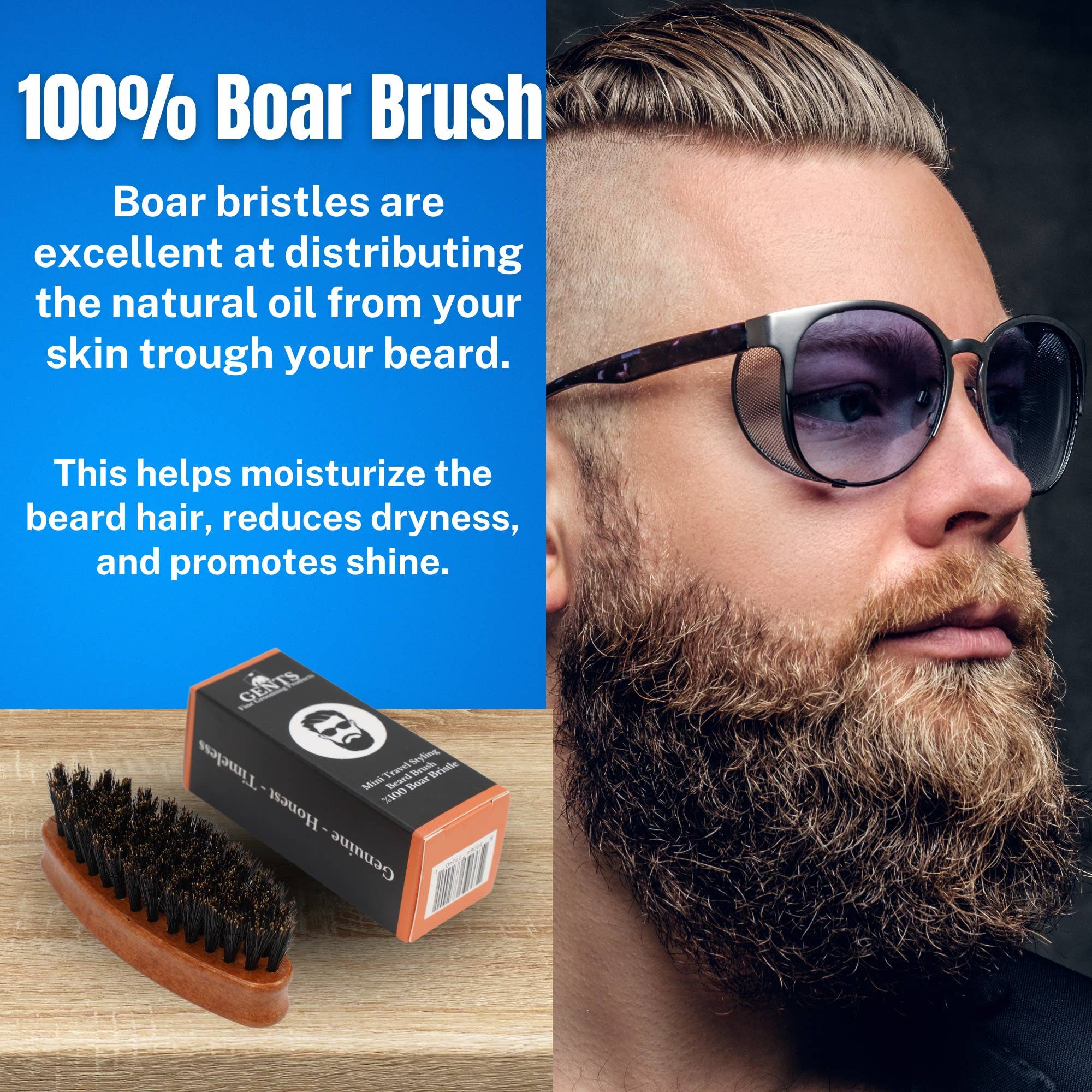 Gents Wood Mini Travel Beard Brush - 100% Boar Bristles