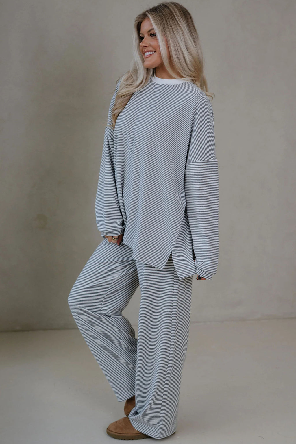 Pink Striped Drop Shoulder Long Sleeve Top and Pant Set
