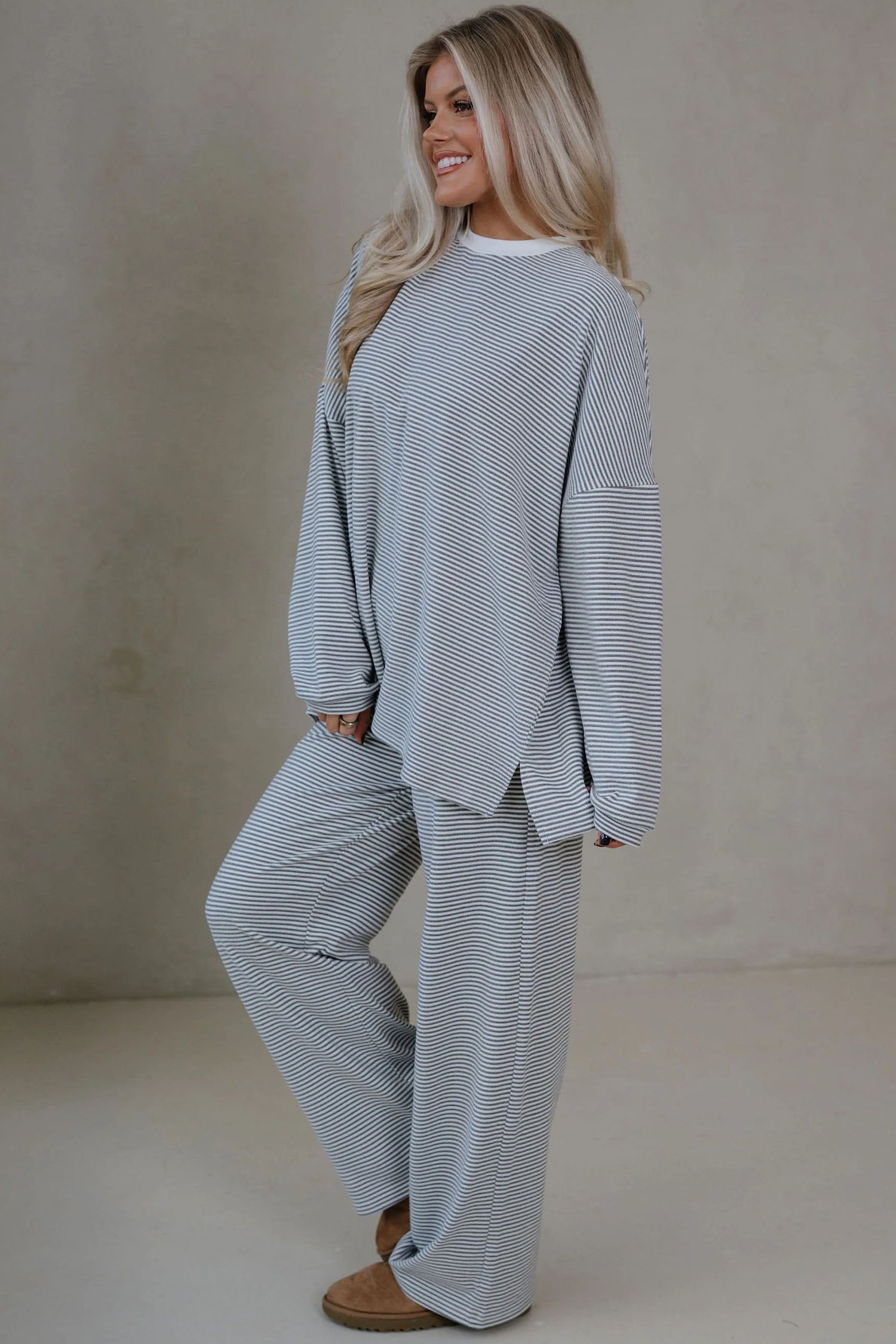 Pink Striped Drop Shoulder Long Sleeve Top and Pant Set