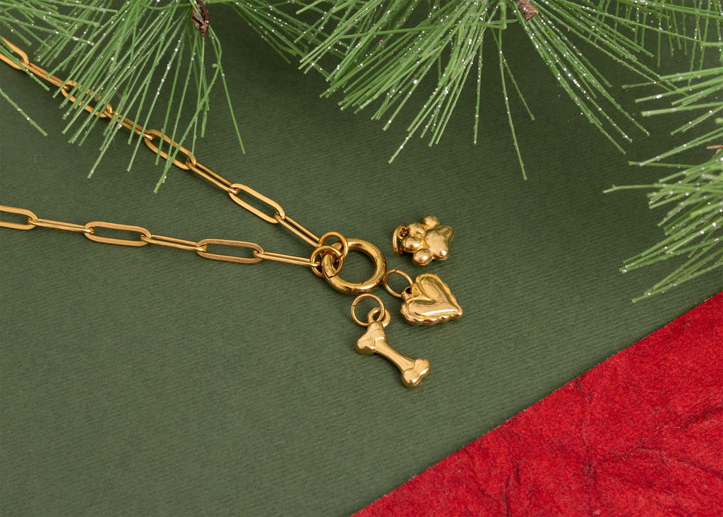 18K Gold Stainless Steel Pet Charm Holder Necklace Gift Set: Gold