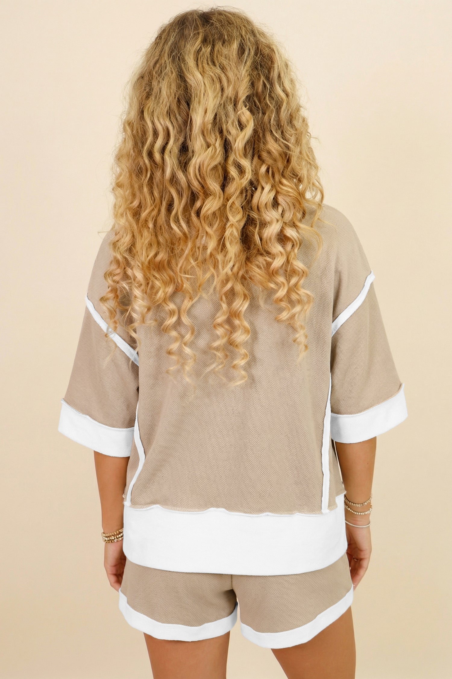 Beige Raw Edge Color Block Oversize Tee Drawstring Loose Shorts 2pcs Set