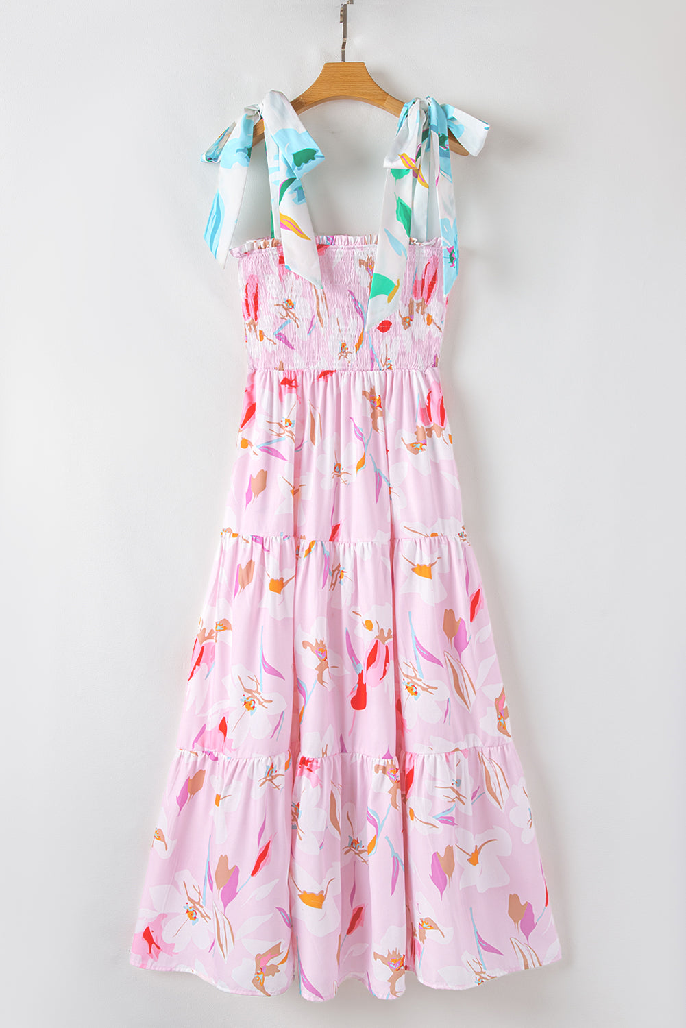 Pink Floral Knotted Shoulder Smocked Maxi Dress