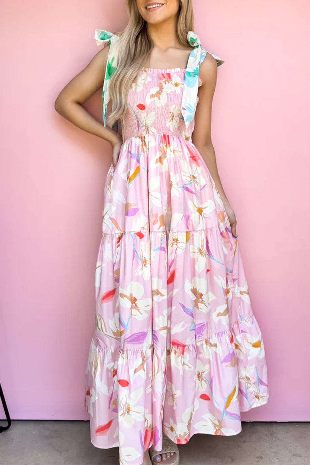 Pink Floral Knotted Shoulder Smocked Maxi Dress