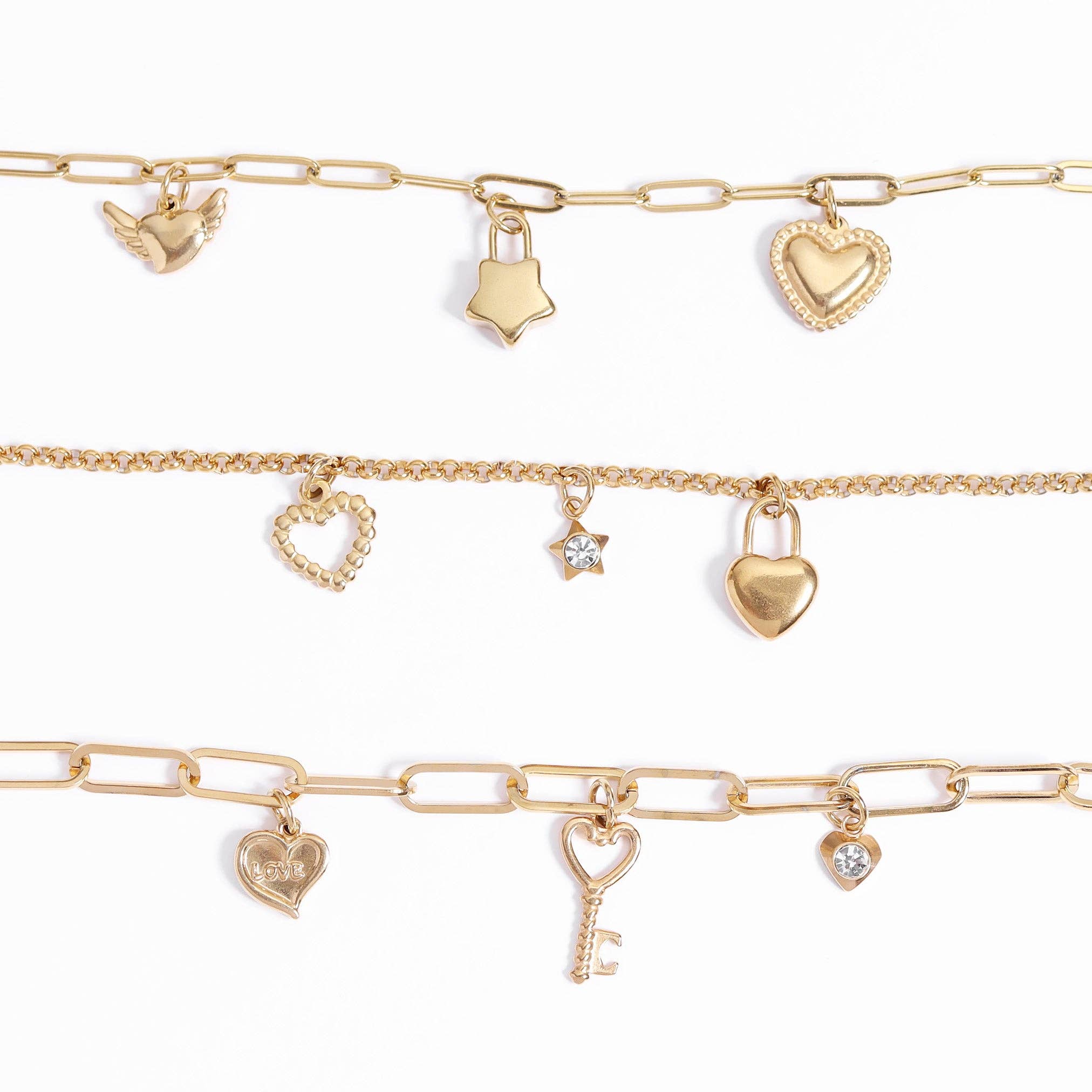 18K Gold PVD Stainless Steel Heart Key Charm: Stainless