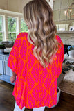 Rose Leafy Printed Smocked Lantern Sleeve Plus Size Blouse: Rose / 100%Polyester / 4X