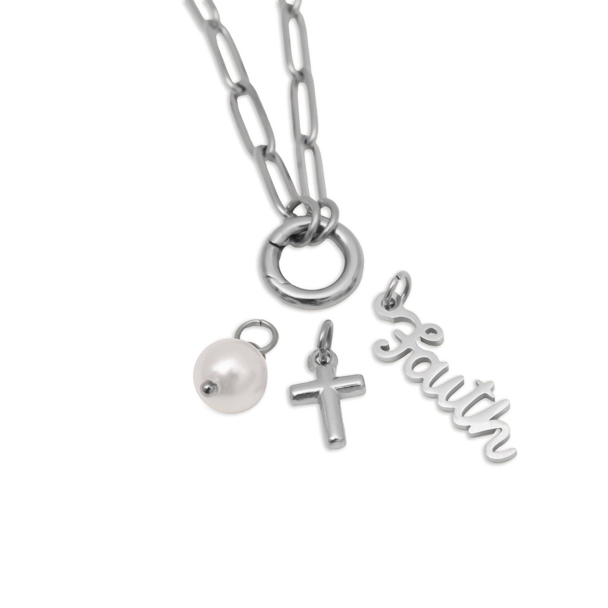 Gold Stainless Steel Faith Charm Holder Necklace Gift Set: Stainless