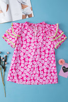 Contrast Layered Ruffle Sleeve Floral Blouse (S-XL): Pink / Missy / S