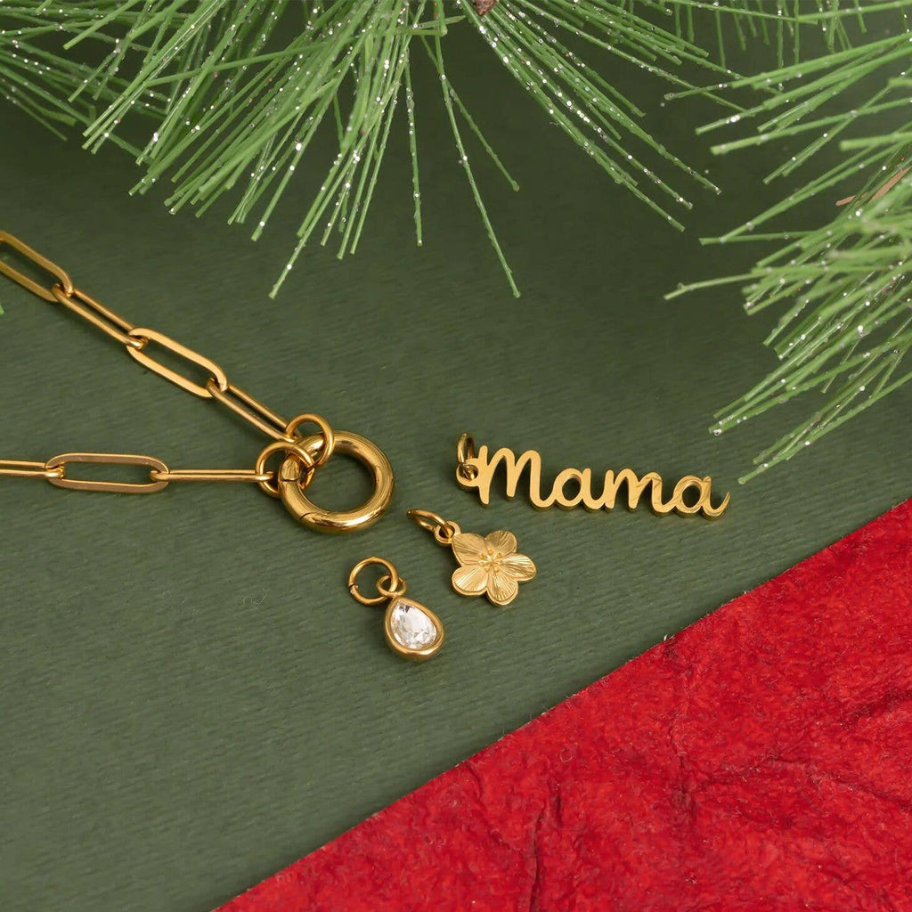 18K Gold Stainless Steel Mama Charm Holder Necklace Gift Set: Stainless