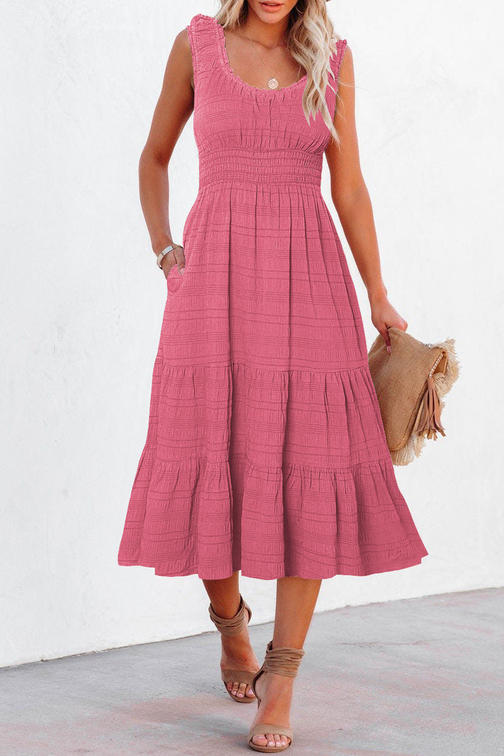 Rose Shirred Pleated Midi Dress