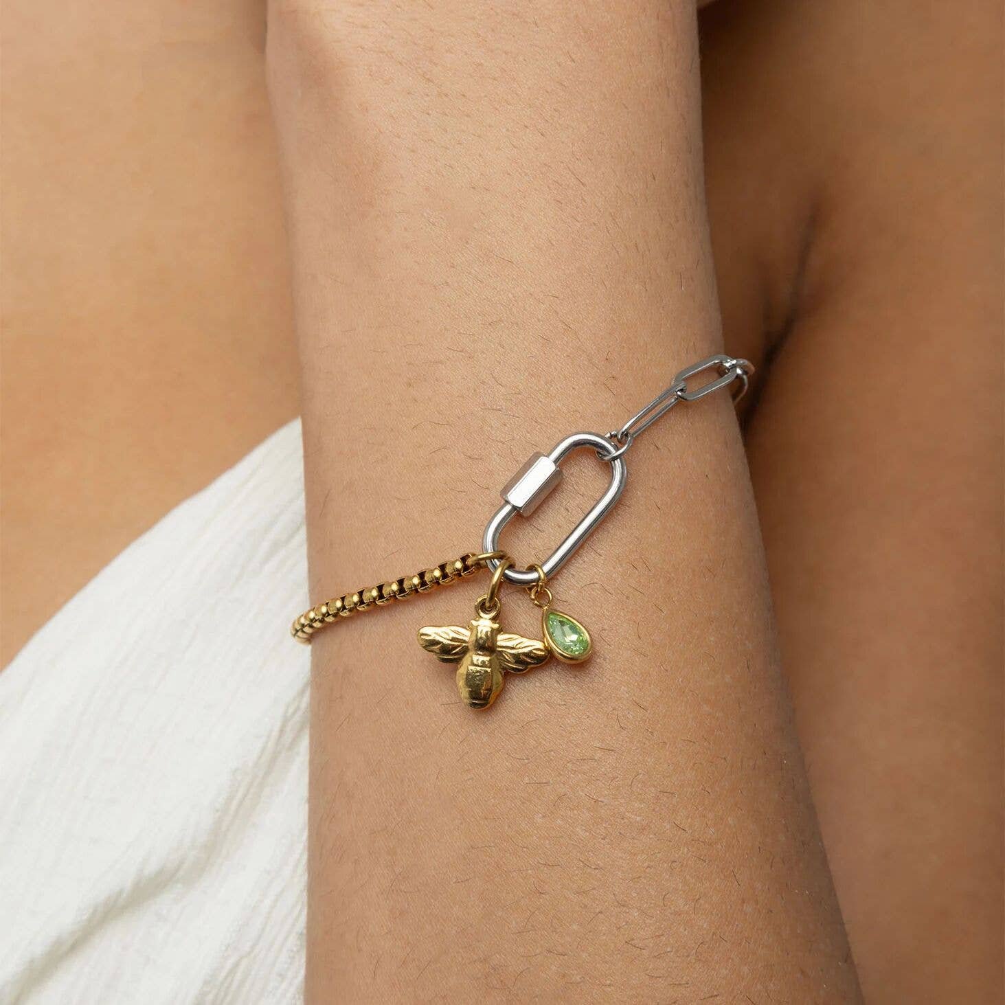 Mixed Metal Split Chain Paperclip Carabiner Bracelet: Mixed Metal