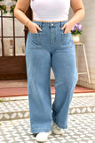 Dusk Blue Patched Pocket Textured Wide Leg Jeans