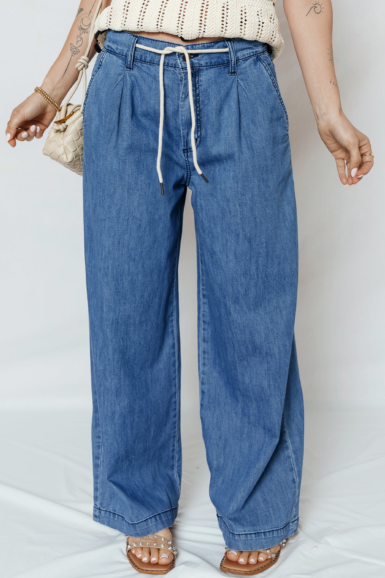 Dusk Blue Lace-up Wide Leg Jeans