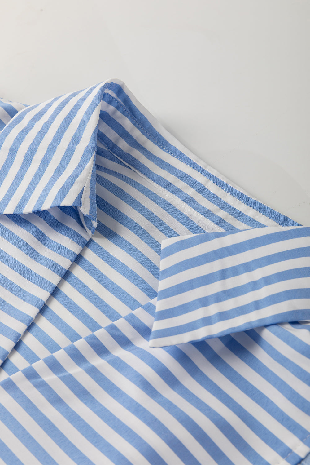 Blue Striped Ric Rac Trim Collared V Neck Blouse