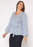 Nurode's Plus Size Stripe Wrap Blouse in Blue: Blue / 3XL