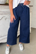 Blue Plus Size Drawstring Wide Leg Jeans
