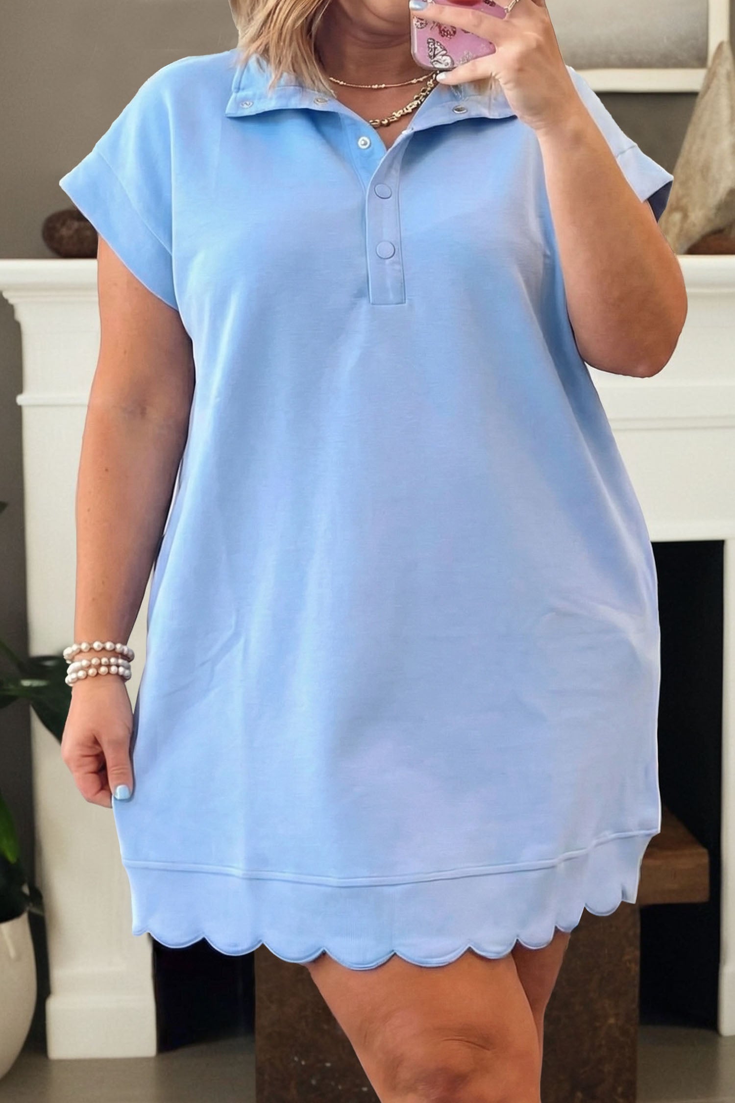 Beau Blue Plus Size Solid Scalloped Hem Mini Dress