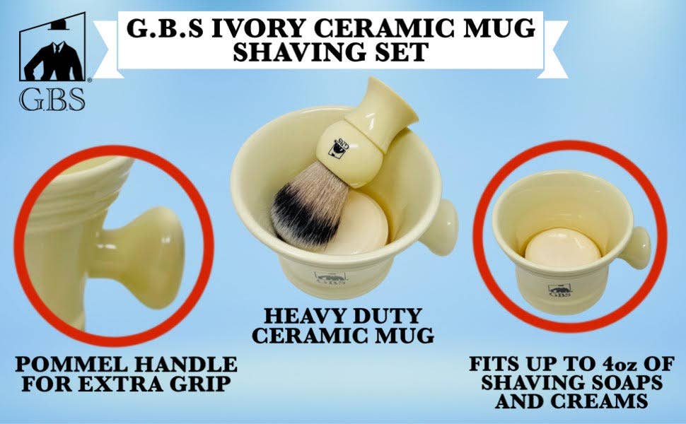 GBS 3 Piece  Mug, brush and Shaving soap Set: Ivory