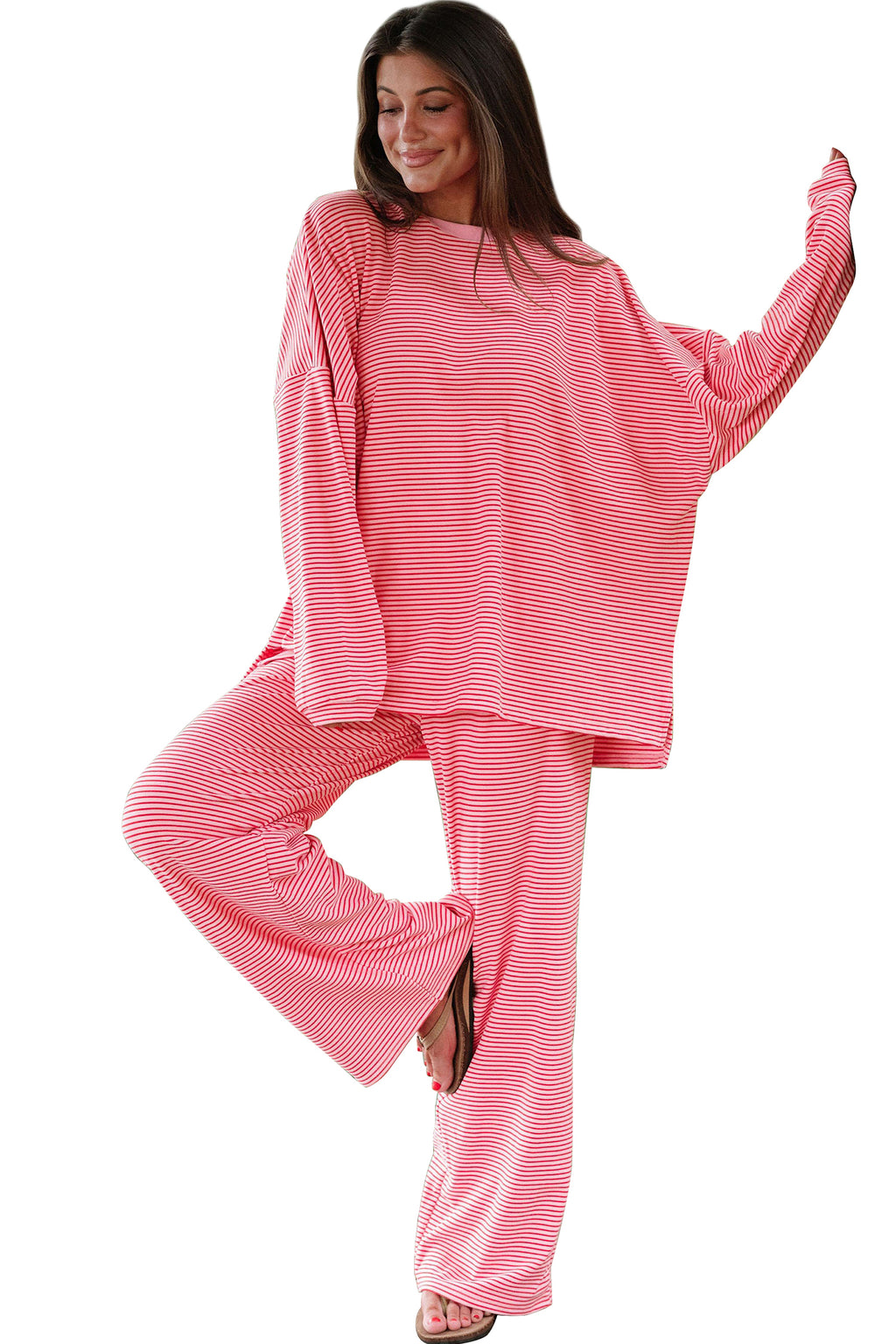 Pink Striped Drop Shoulder Long Sleeve Top and Pant Set