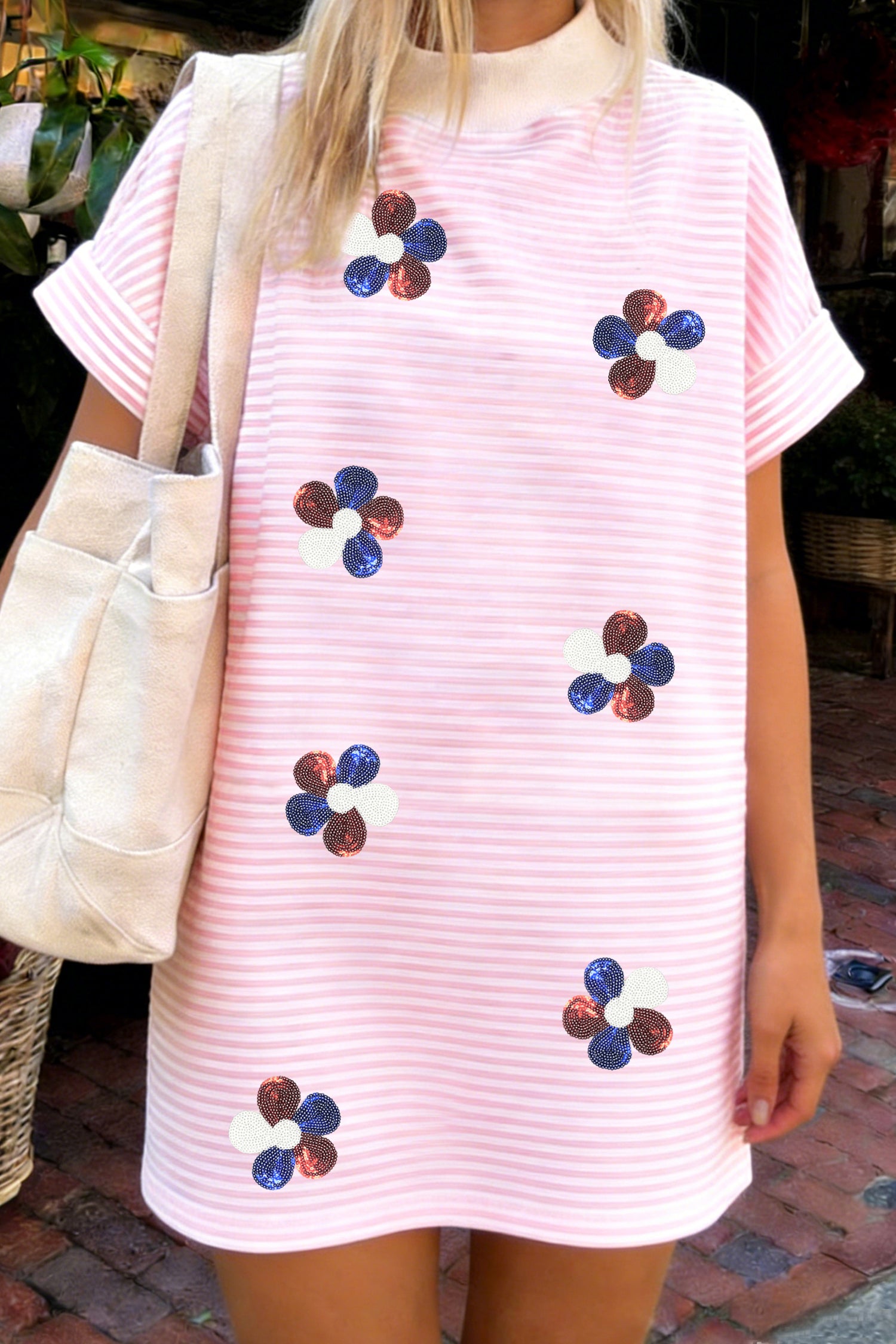 Pink Stripe Patriotic Sequin Flower Mock Neck Dress