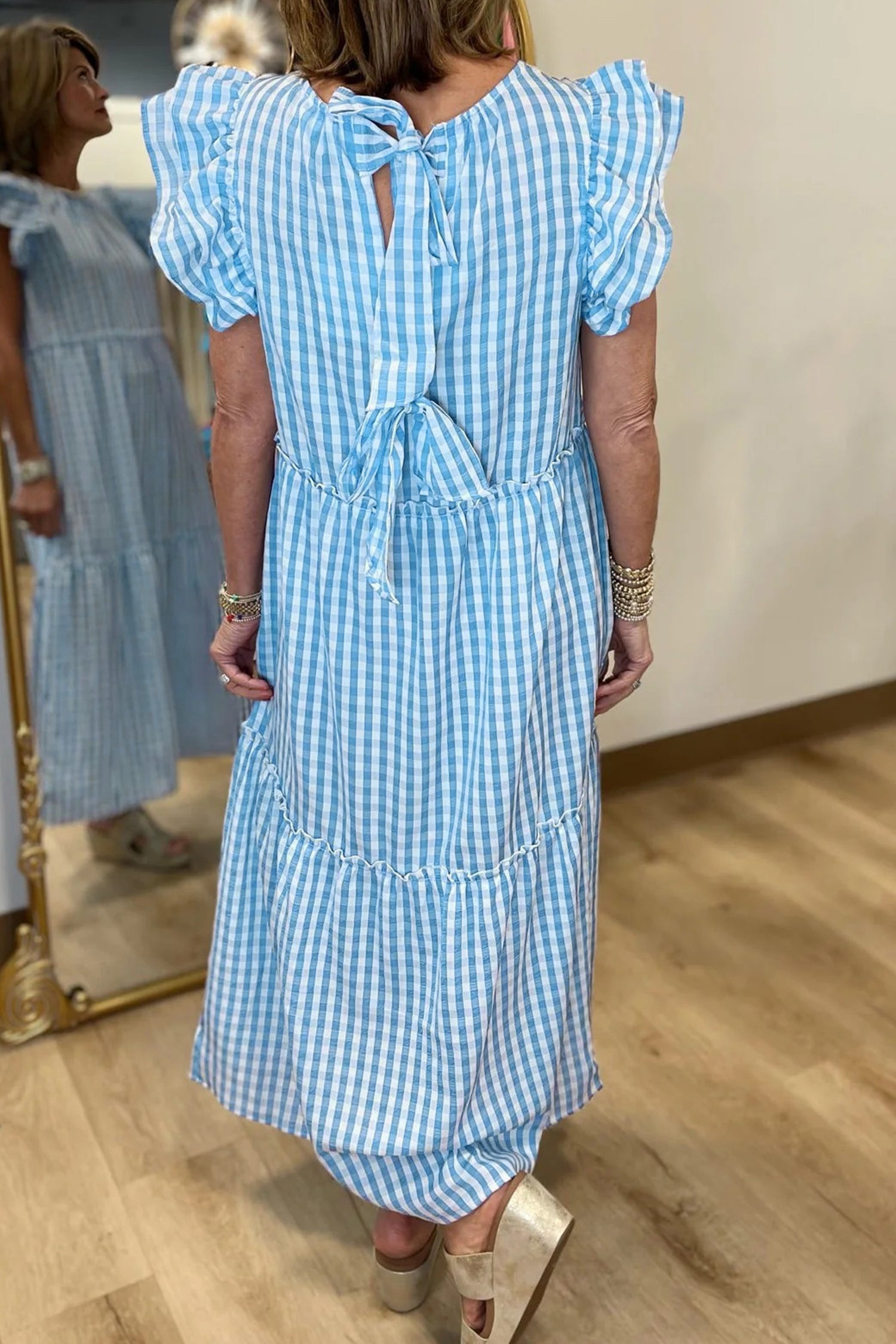 Sky Blue Knot Back Gingham Maxi Dress