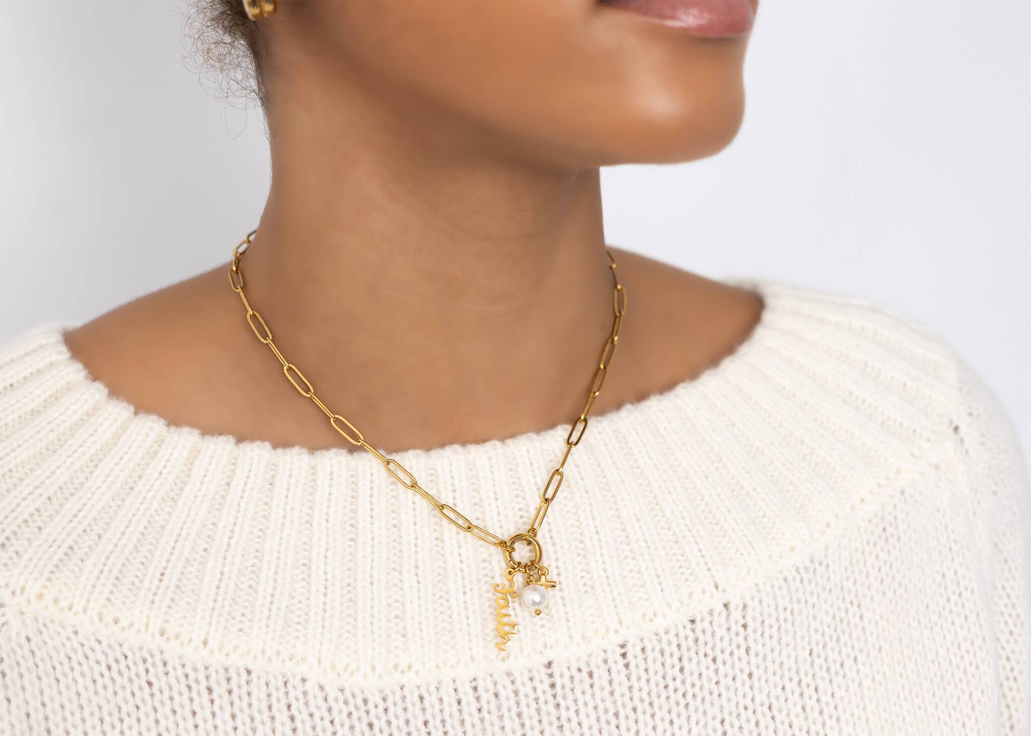 Gold Stainless Steel Faith Charm Holder Necklace Gift Set: Stainless