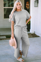 Gray Textured Loose Fit T Shirt and Drawstring Pants Set