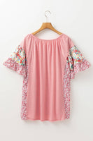 Plus Size Floral Patchwork Ruffled Short Sleeve Blouse: Pink