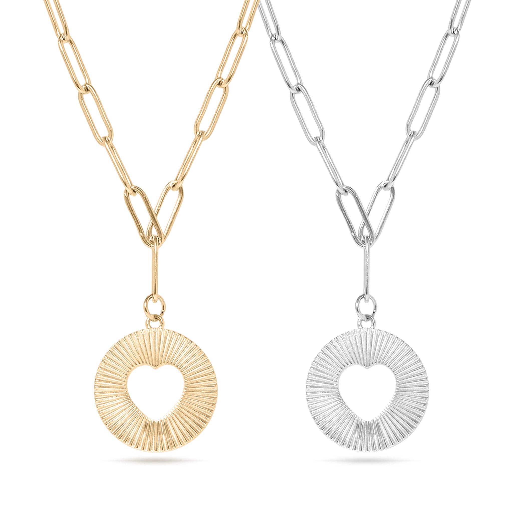 18K Gold PVD Stainless Steel Sunburst Heart Paperclip Pendant Necklace / CHN9969: Gold
