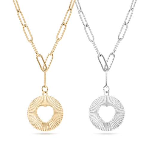 18K Gold PVD Stainless Steel Sunburst Heart Paperclip Pendant Necklace / CHN9969: Gold