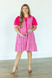 Pink Gingham Button-Up Dress: Pink / M