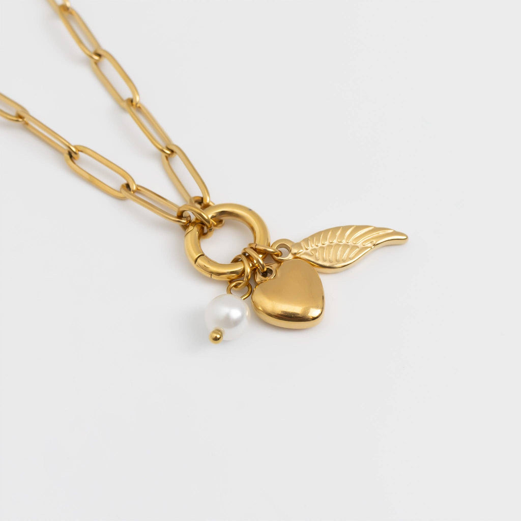 18K Gold Angel Wing Charm Holder Necklace Gift Set: Gold