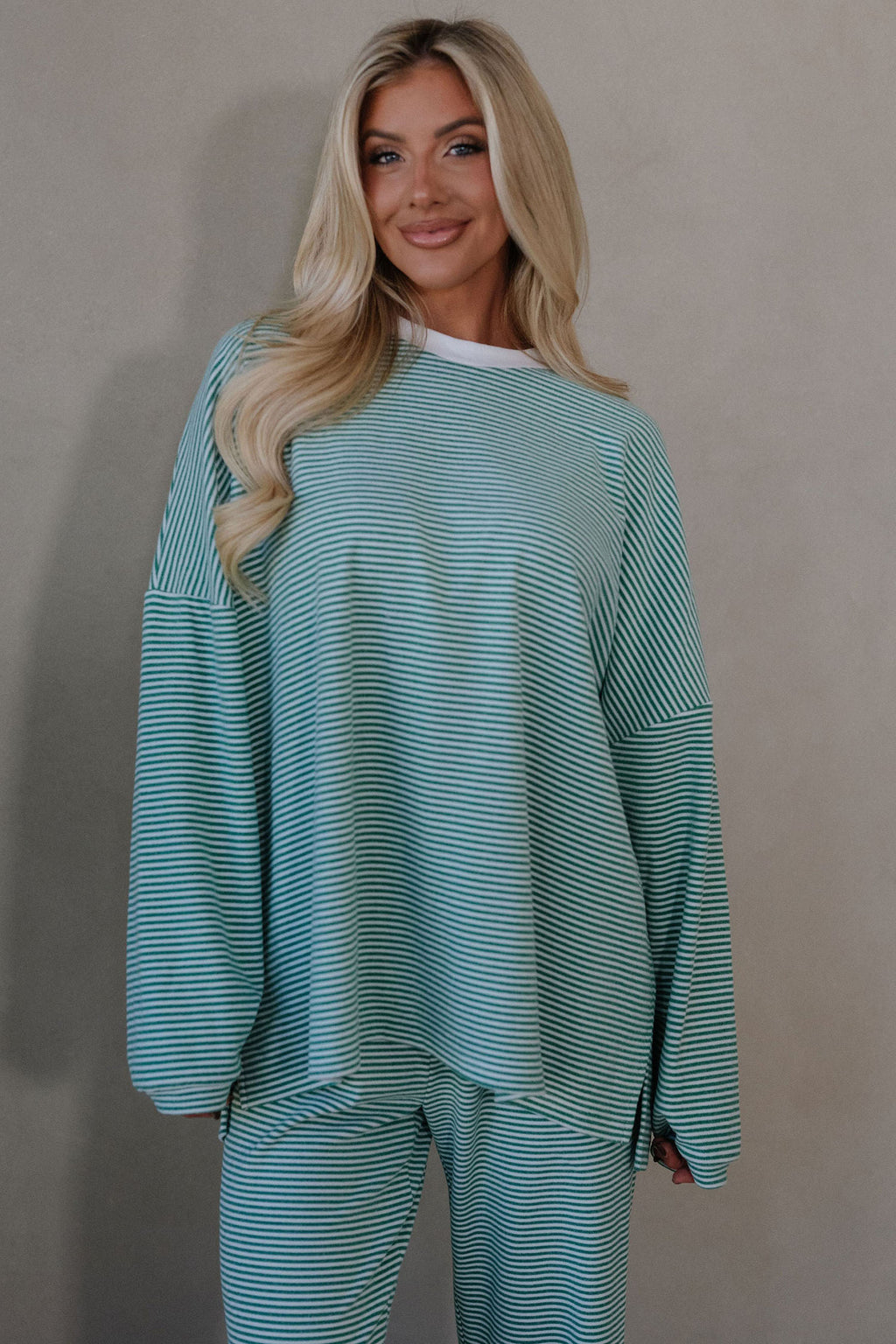 Pink Striped Drop Shoulder Long Sleeve Top and Pant Set