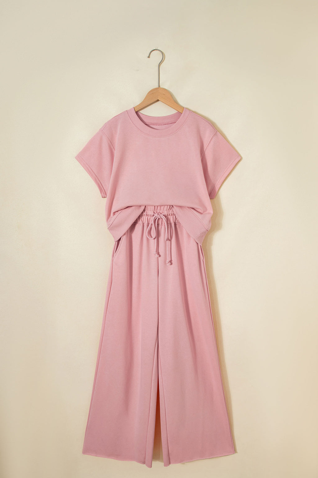 Mist Blue Loose Tee Drawstring Wide Leg Pants 2pcs Outfit