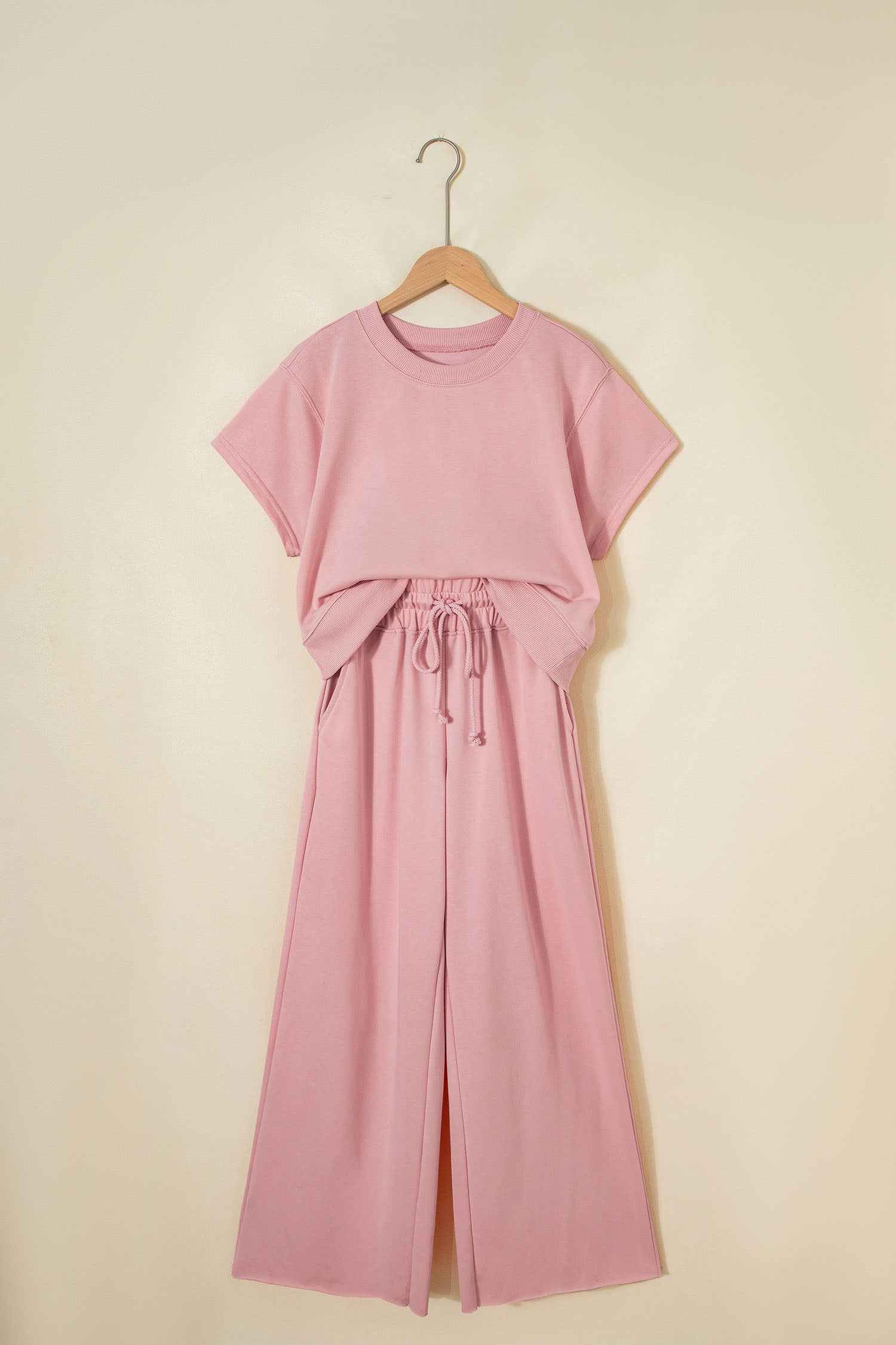 Mist Blue Loose Tee Drawstring Wide Leg Pants 2pcs Outfit