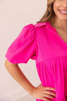 Hot Pink Puff Sleeve Button-Up Dress: Pink / 3XL