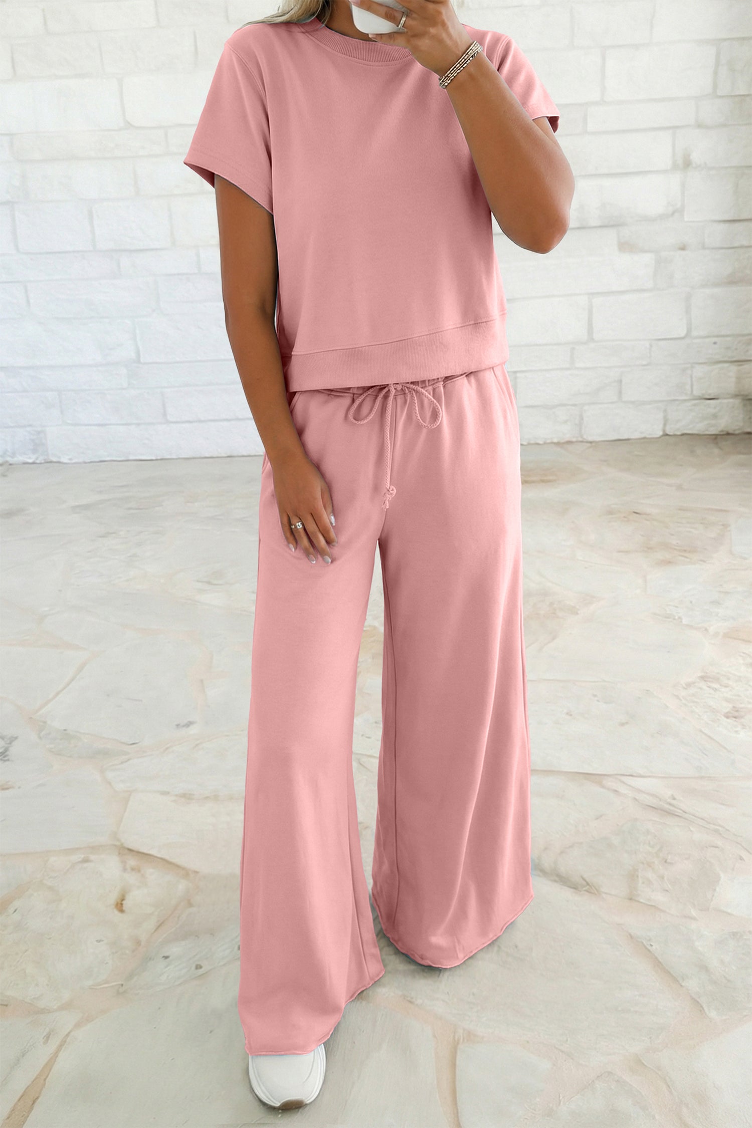 Mist Blue Loose Tee Drawstring Wide Leg Pants 2pcs Outfit