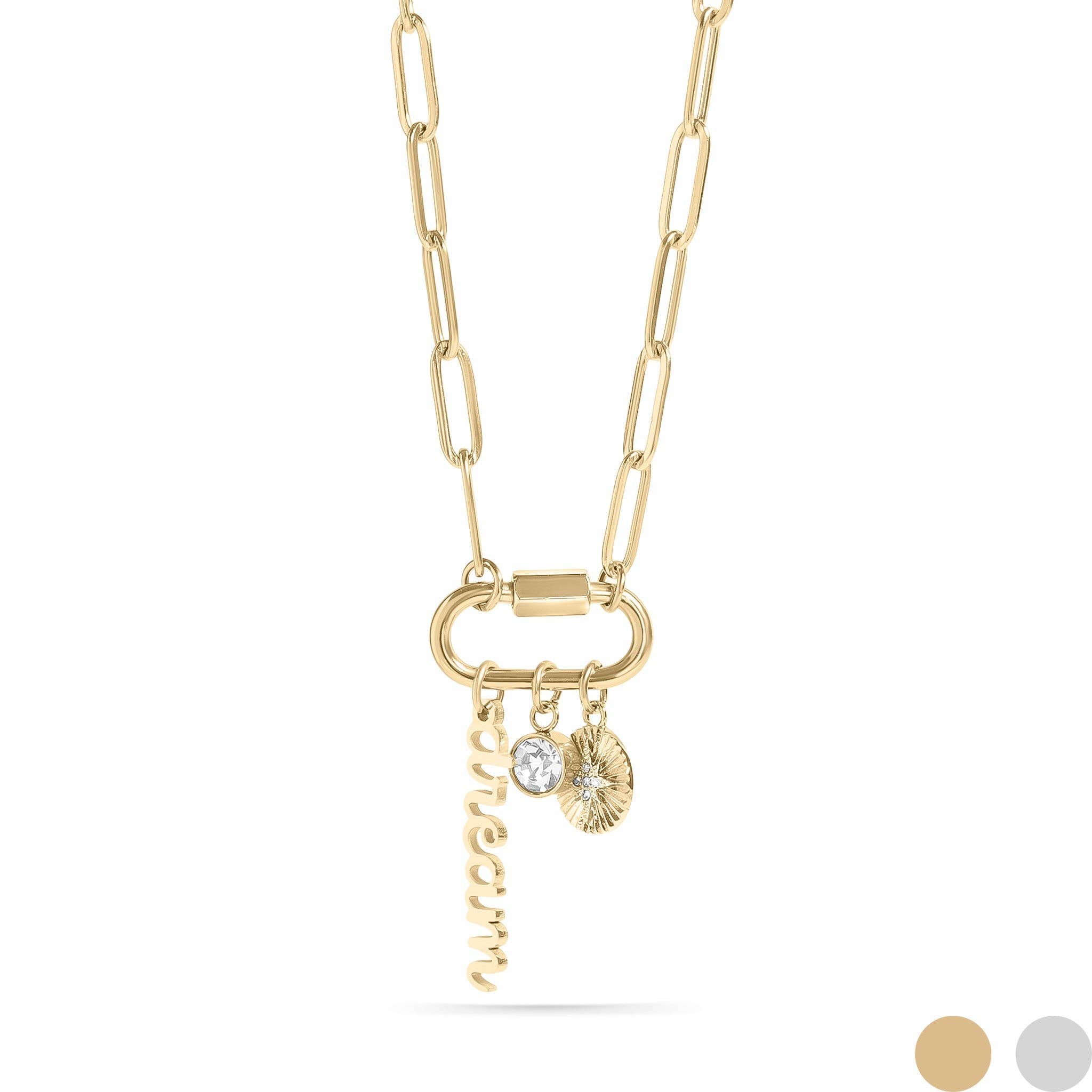 18K PVD Gold Carabiner "Dream" Paperclip Charm Necklace: Gold