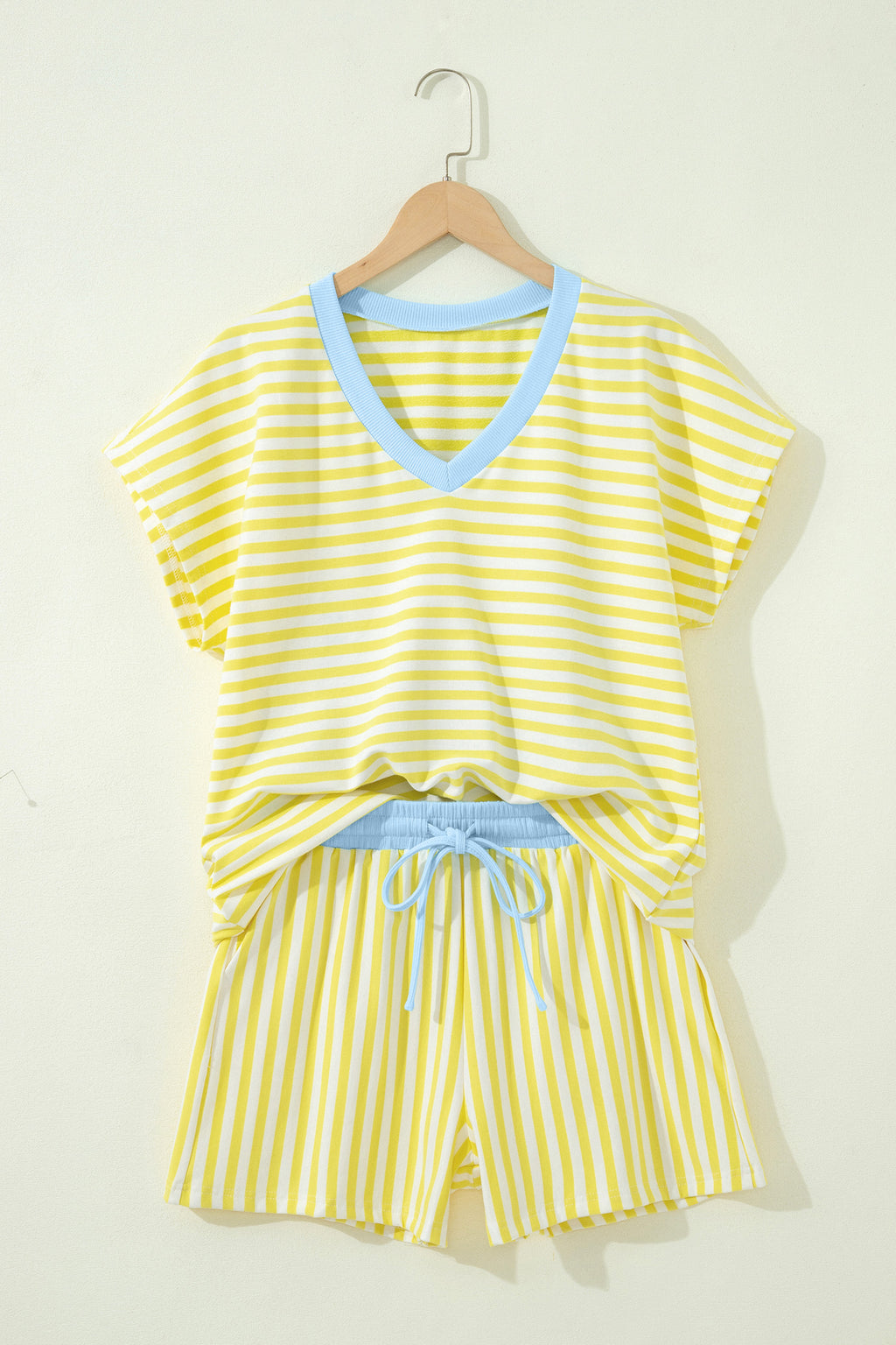 Pink Stripe Colorblock Tee Drawstring Elastic Waist Short Set