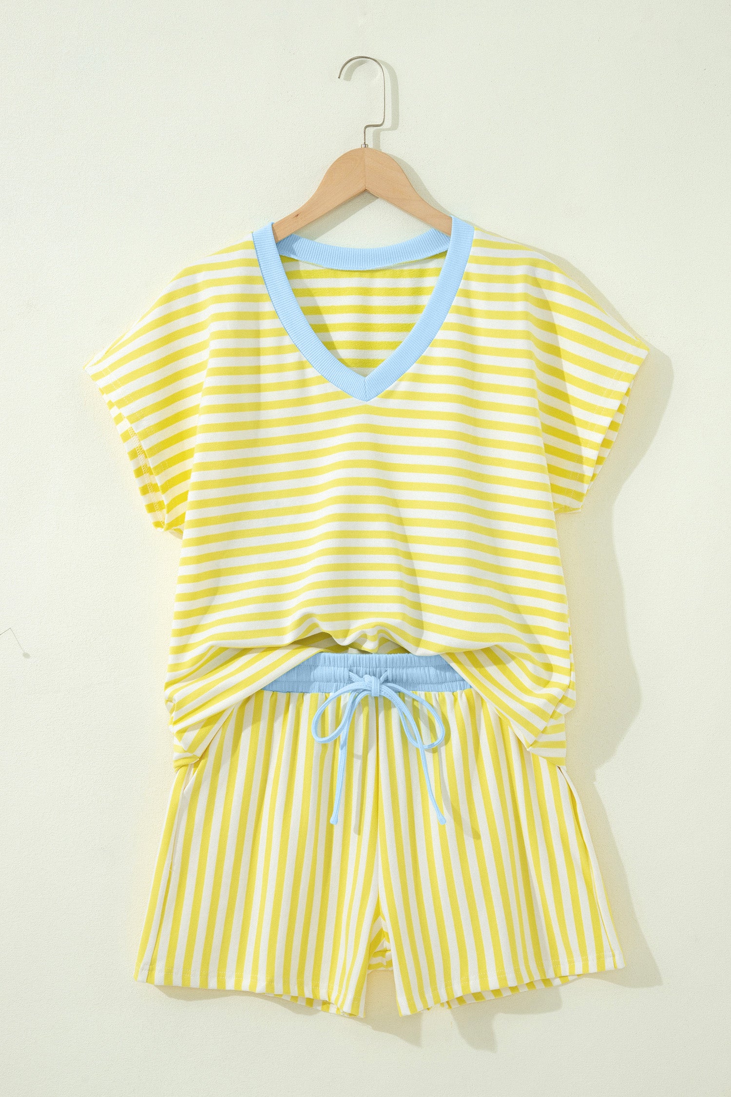 Pink Stripe Colorblock Tee Drawstring Elastic Waist Short Set
