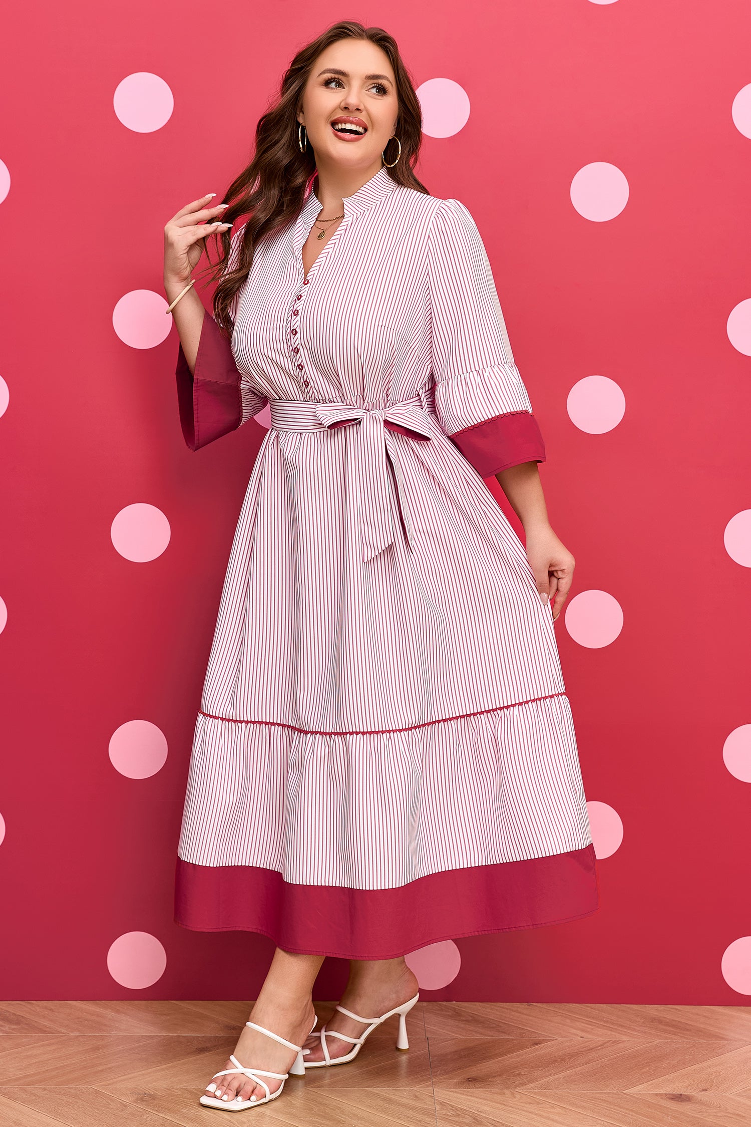 Red Stripe Ruffled Pinstriped Midi Dress