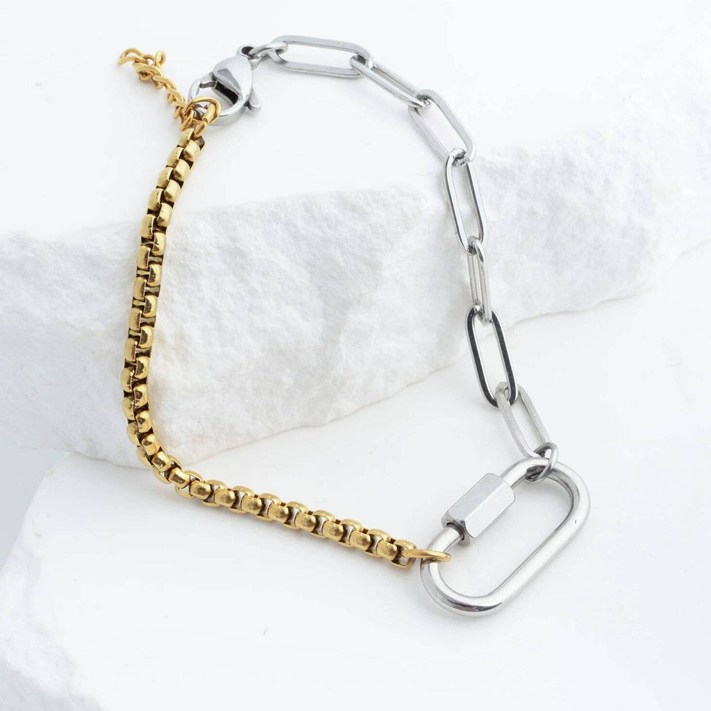 Mixed Metal Split Chain Paperclip Carabiner Bracelet: Mixed Metal